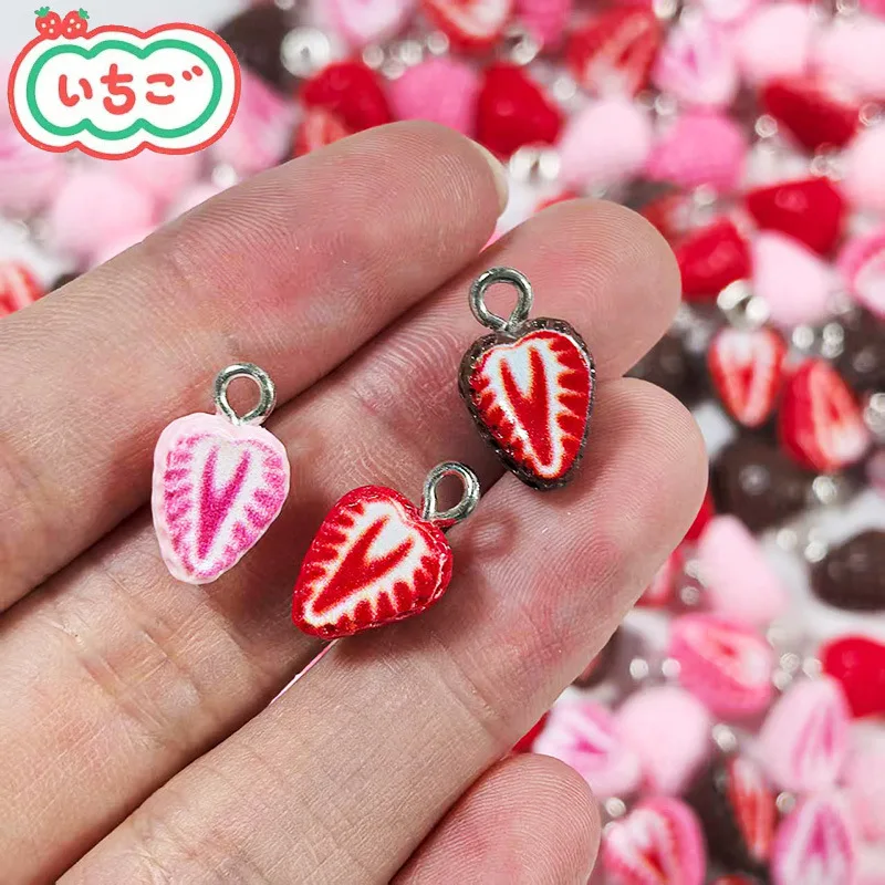 10pcs Cute mini simulated strawberry resin pendant diy sweet chocolate strawberry pendant handmade Earrings necklaces keychains