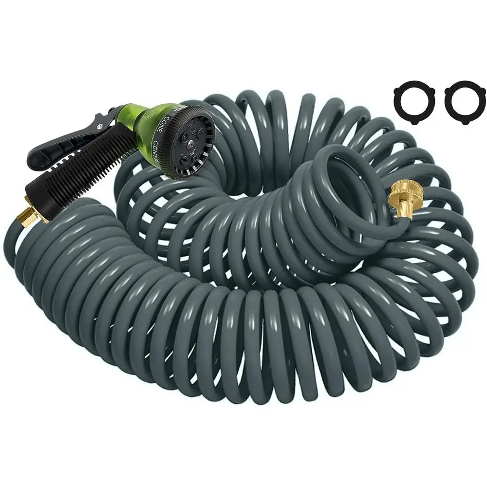 Lightweight 25T EVA Coiled Garden Hose with 3/4 Brass Connector and 7 Spray Nozzles for Outdoor Watering and Car Washing