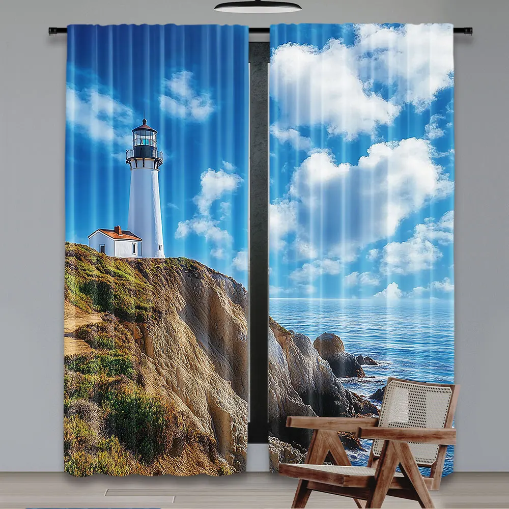 2Pcs Lighthouse Curtain California City Point Lighthouse In Cabrillo Coastal For Bedroom Living Room And Dining Room A