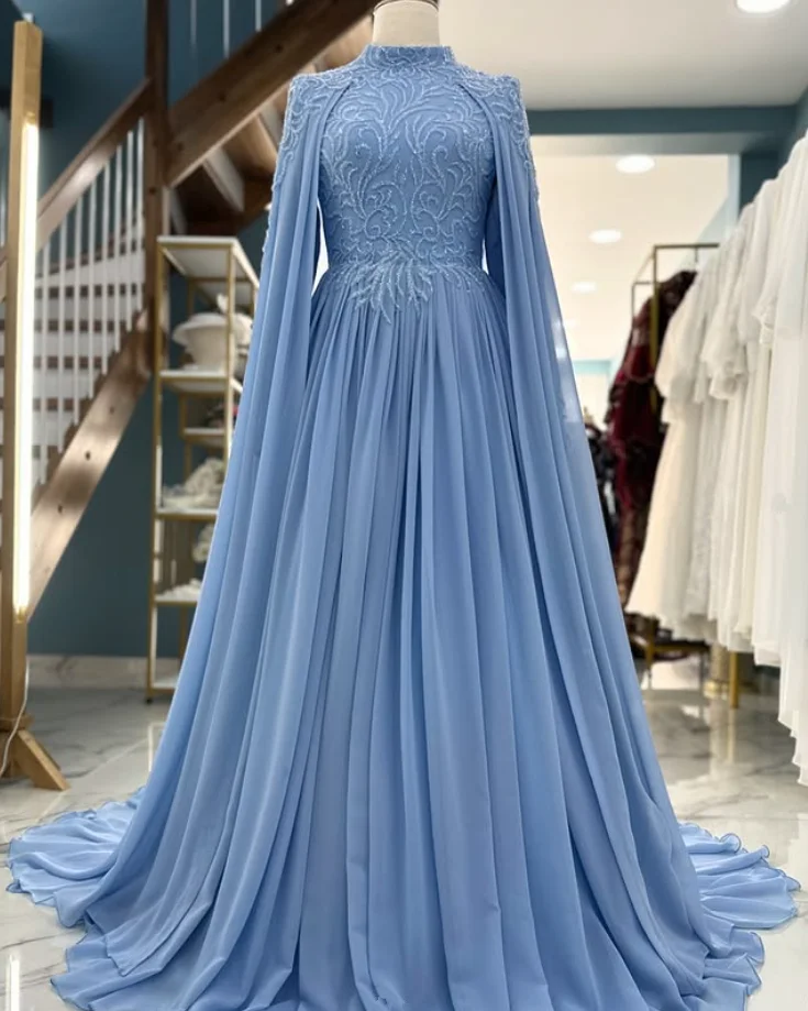 Sky Blue Muslim Caftan Evening Formal Dresses with Cape Gillter Emboridery High Neck Corset Prom Gala Gown Customsized Kaftan