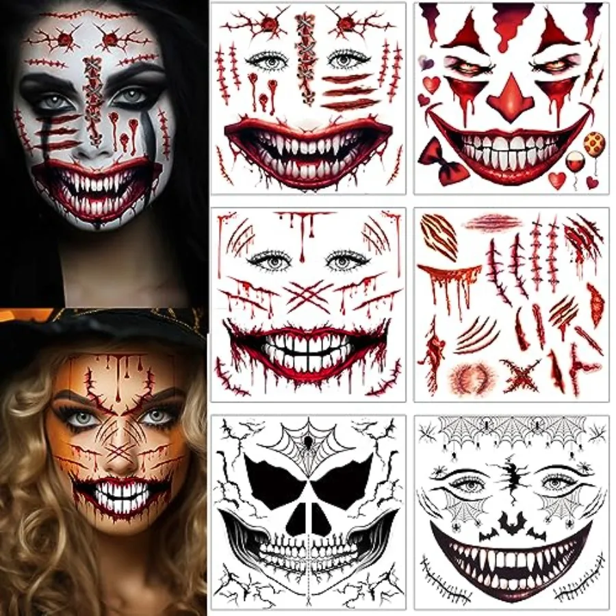 5 Sheets Halloween Scary Face Tattoos+1 Sheet Fake Scars Stitches Tattoo, Bloody Mouth Tattoo, Halloween Zombie Make Up, Fake W