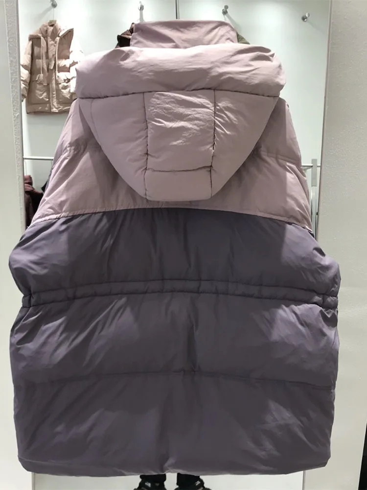 Thickened Down Coat Women's Color Blocking Hooded Waist-fitted Medium-length Jacket Warm Winter Outerwear