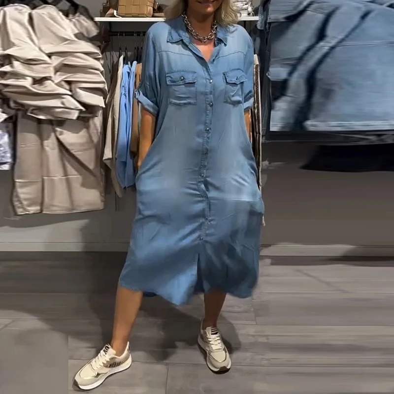 Elegant หลวม A-Line Retro Jean ชุดสํานักงาน Lapel ครึ่งแขน DENIM ชุดผู้หญิงแฟชั่นเดี่ยว Boho ชุดยาว