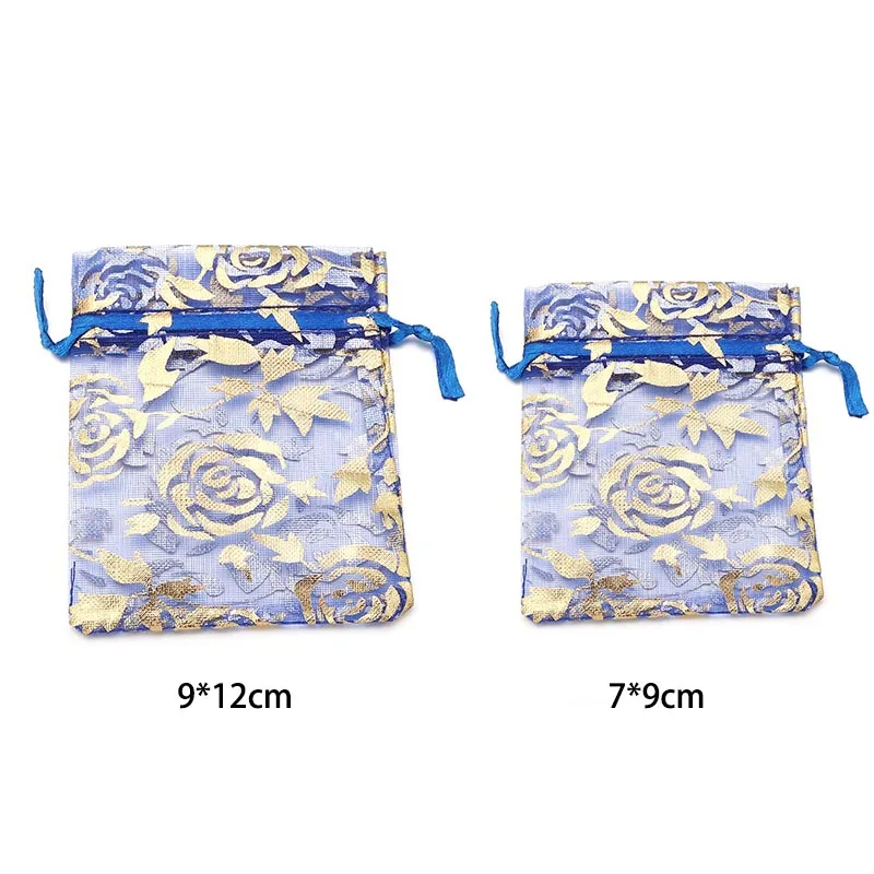 10Pcs/Lot Colorful Drawstring Organza Gift Bag Hot Gold Color Rose Print Pouches Wedding Christmas Party Candy Ornament Packing view 2