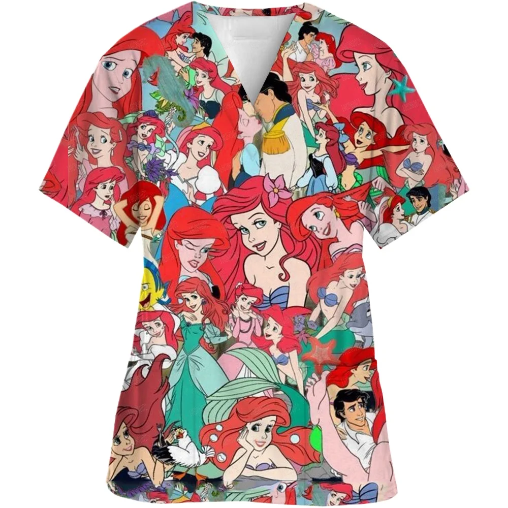 Disney Princess Print Women\'s Nursing ClothingTop Accessories Doctors Medical Uniform Hospital Nurse Beauty Salon Scrubs Top