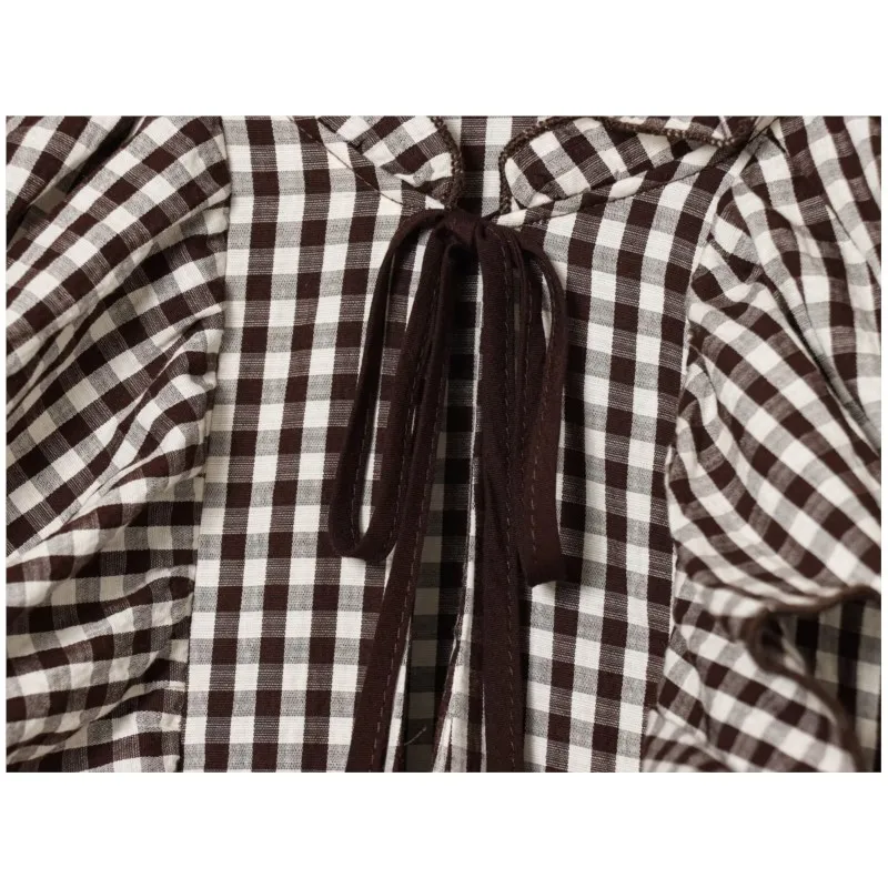 HipSeam Women Ruffled Gingham Shirt with Ties Spring Summer O Neck Long Sleeve Women's Shirt & Blouses FemaleRuffle Trims Tops