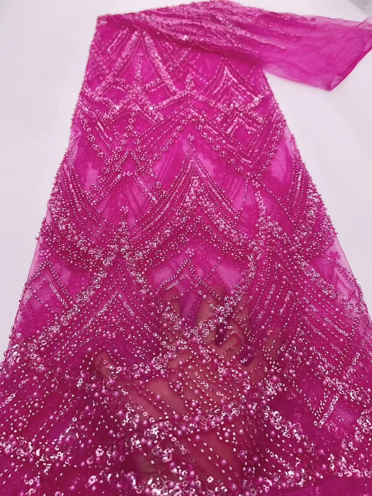 Tela de encaje de tul con cuentas de lujo africano 2025, tela de encaje de perlas de lentejuelas pesadas hecha a mano nigeriana para vestidos de novia FJ