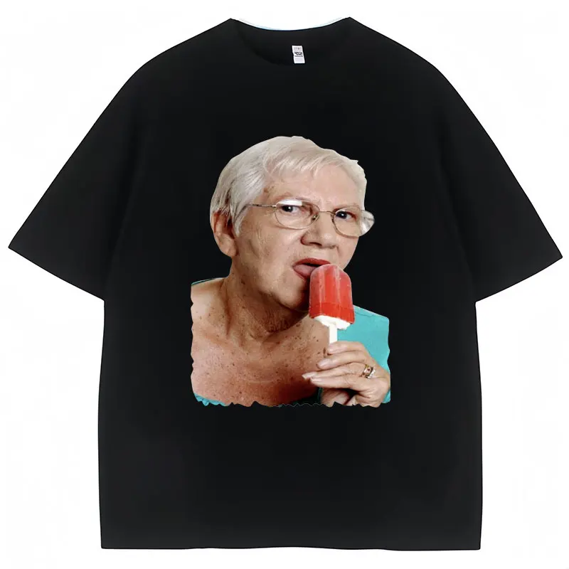 Funny Grandma Licking Red Popsicle Meme T Shirt Cute Granny Ice Cream Humor T Shirts Casual Cotton Summer Men Women T-shirts