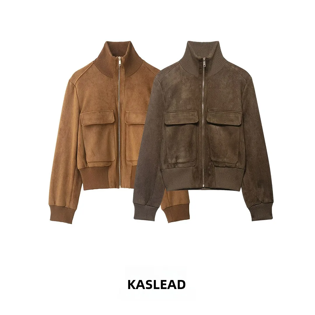 KASLEAD New Women's Pilot Jacket Stand Collar Ribbed 8372062 Short Outerwear Polyester Fiber Long Sleeve Zipper Closure