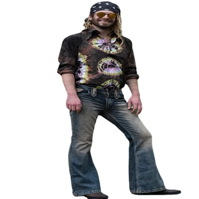 جينز رجالي عالي الشارع أوروبي أمريكي 2025 موضة مضيئة السراويل كامل طول الدينيم بانت المتعثرة طفيف تمتد جينز فضفاض