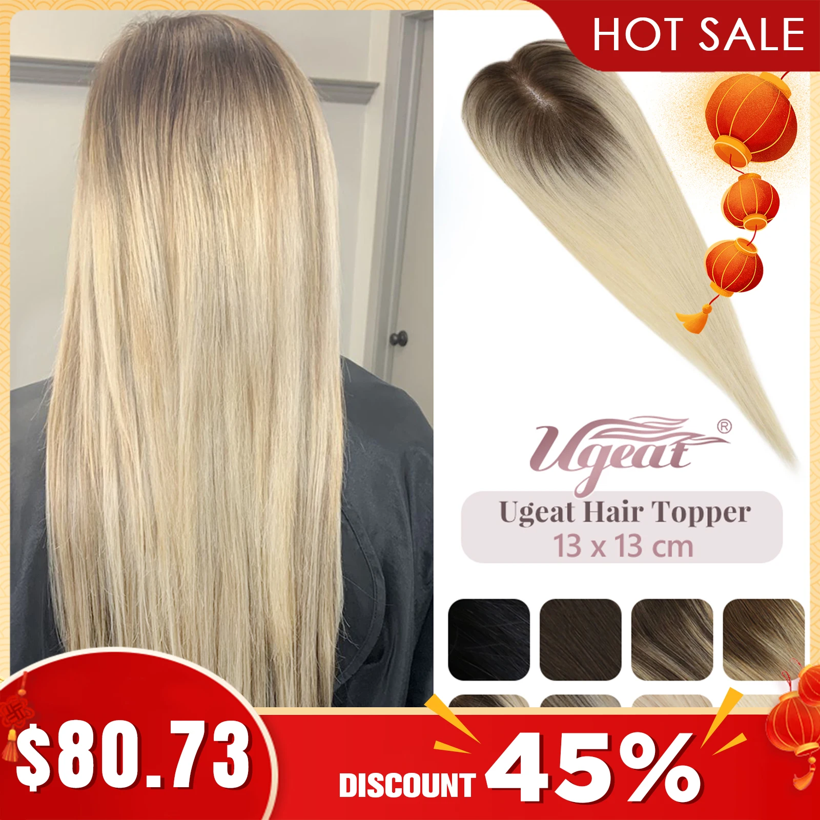 Ugeat cabelo topper cabelo humano mono base 13*13cm toppers de cabelo para mulheres com desbaste cabelo feito à mão topper peça clipe no cabelo