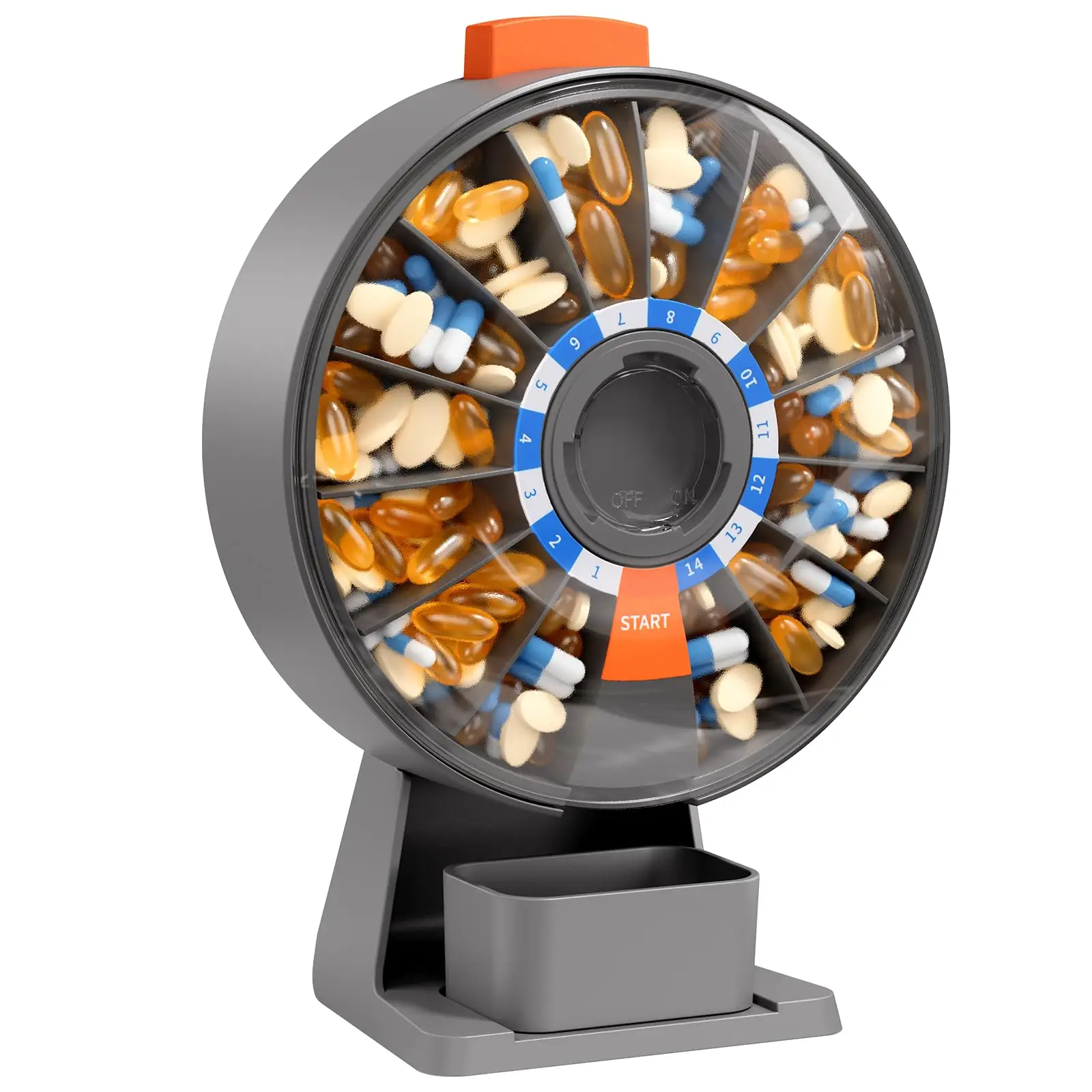 Dagelijkse pillendispenser, grote pillenorganizer met aan de muur gemonteerd of staand gebruik, 14-daagse pillendoos, ontwerp met drukknop