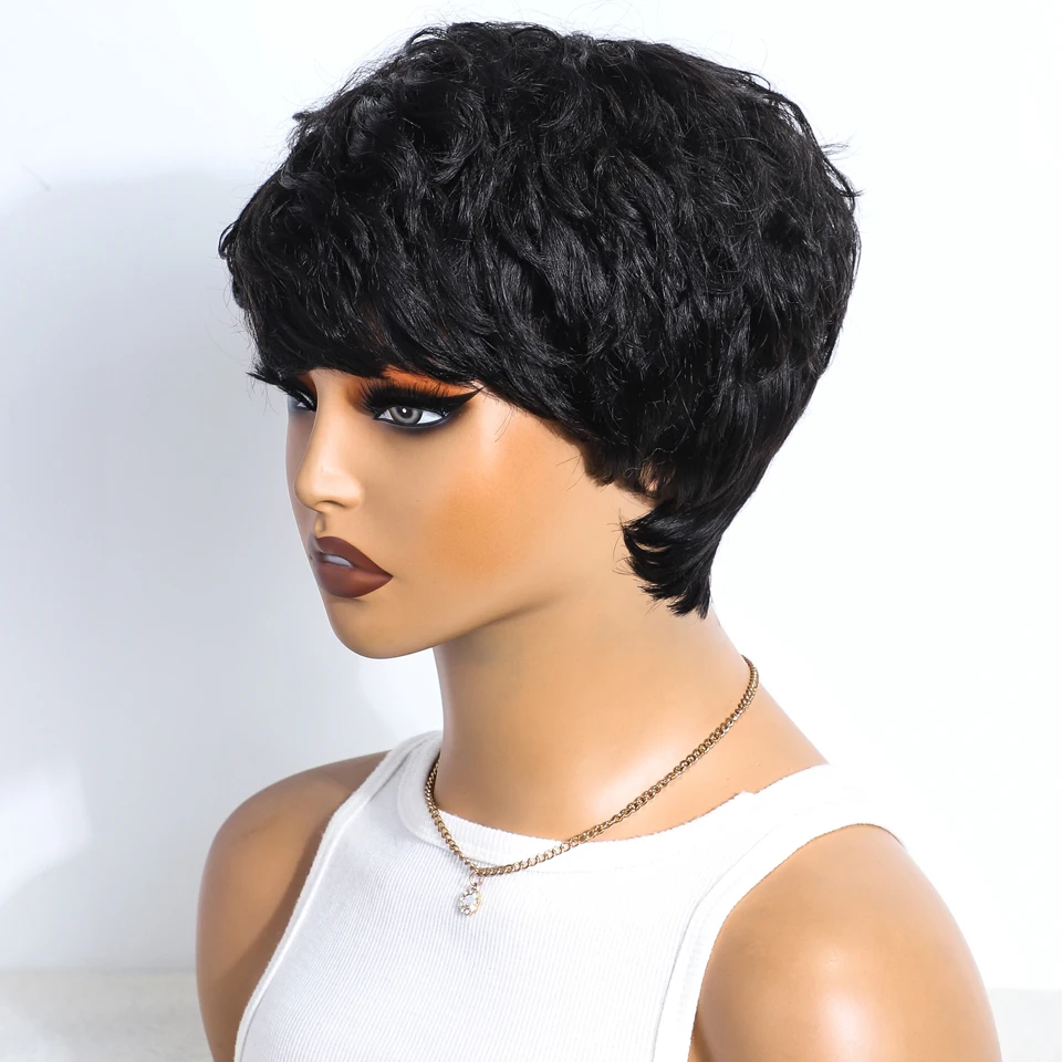 Lekker Natural Black Short Pixie Cut Curly 100% Human Hair Wig For Women Brazilian Remy Hair Colored Side Part Full Machine Wigs