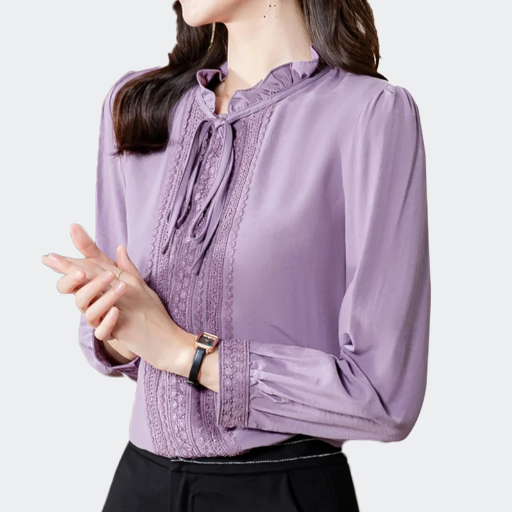 Women\'s Lace Splice Purple Silk Shirts Long Sleeve Fashion Women Blouses 2024 Sweet Fungus Edge Bow Collar Office Lady Tops