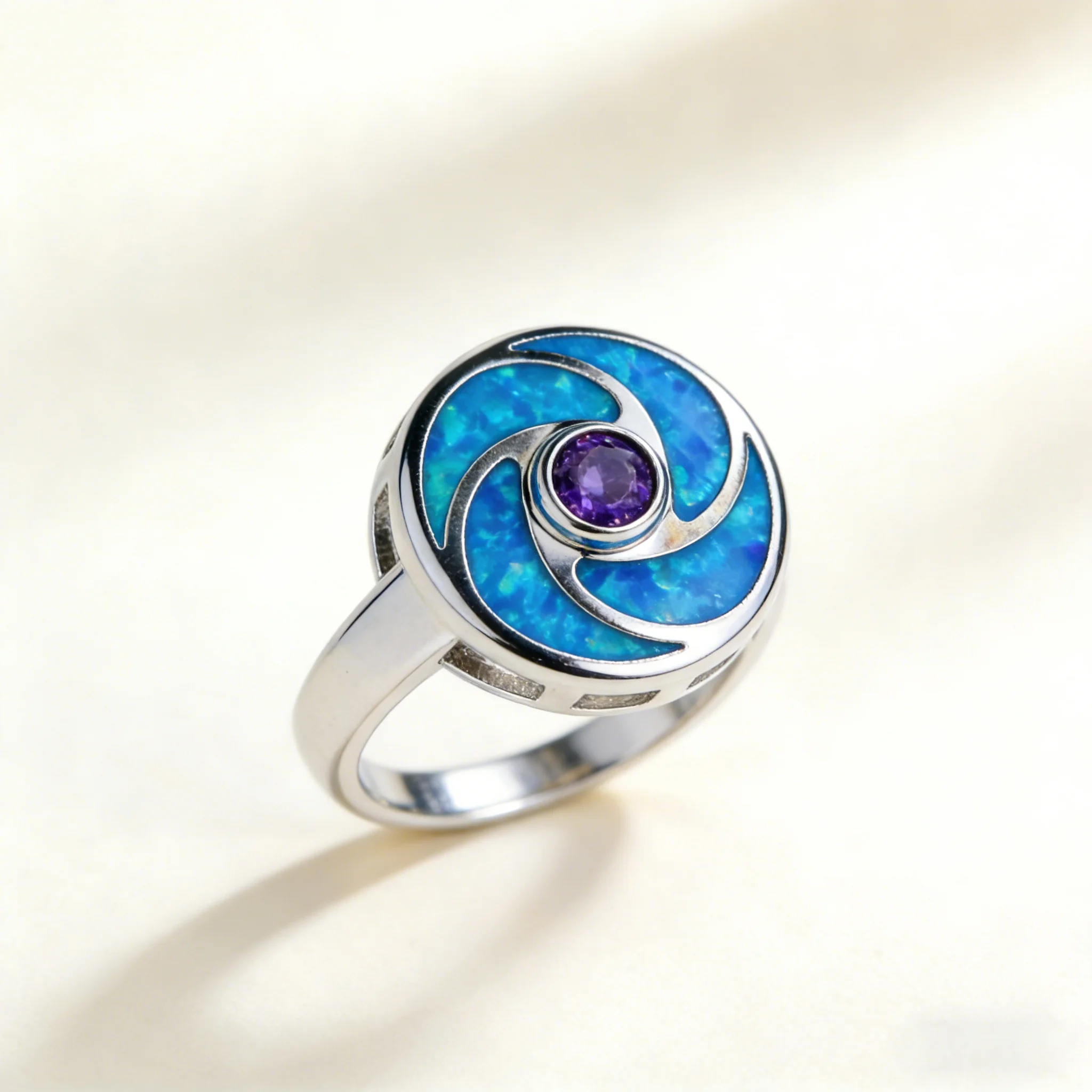 

JieLing Platinum Floral Ring with Amethyst & Enamel Accents Elegant Jewelry Gift for Women