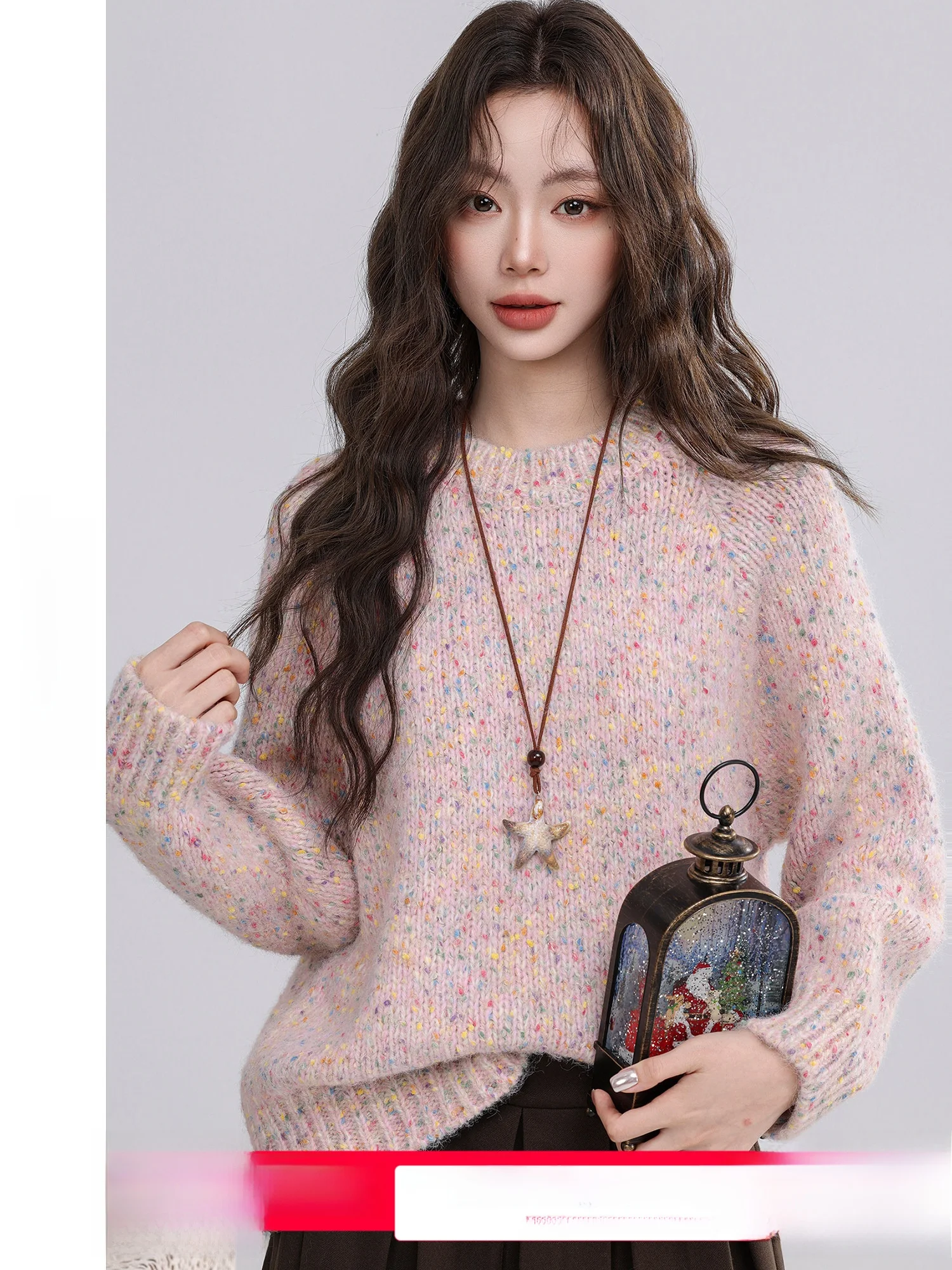 

Soft Casual round Ne Sweater Women's Pink Color Dot Gentle Knitwear Vintage Sle Long Sve Winter New Arrival
