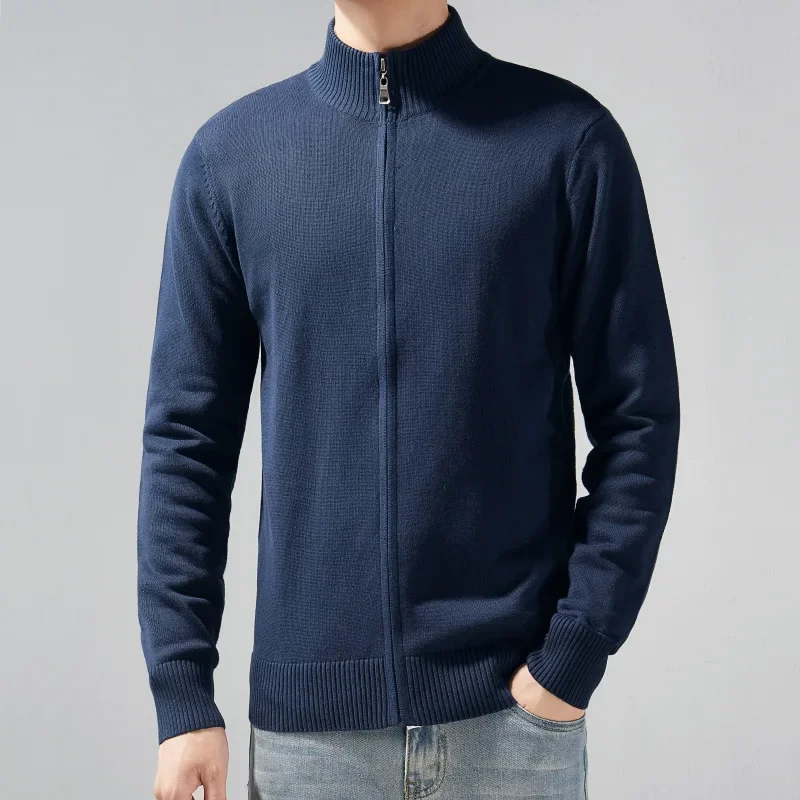 A691 Men Knit Cardigan Loose Rib Hem Cotton O-Neck Zipper Fly Slim Fit Casual Fashion Business Gentlemen Simple Knitwear Outwear