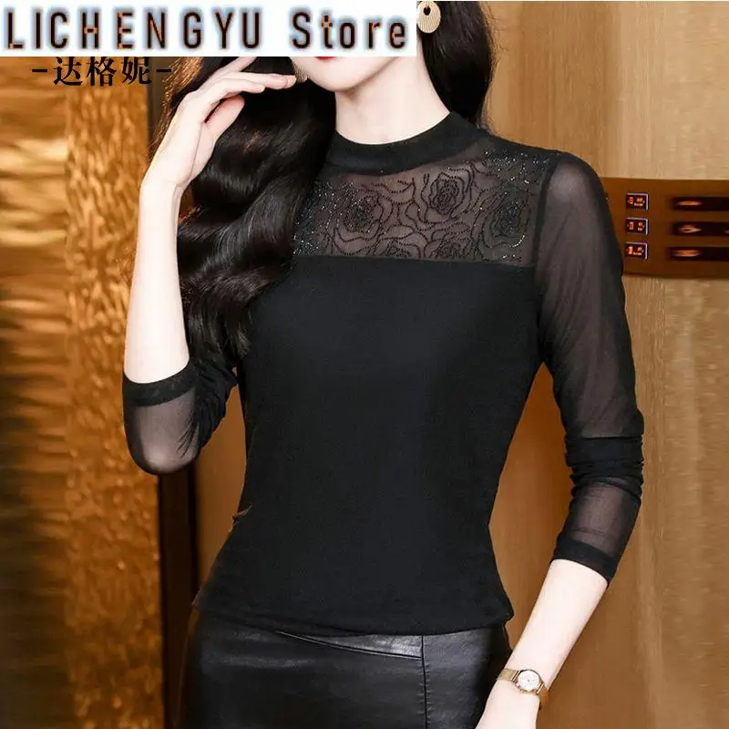 Ironing Diamond Mesh Base Shirt for Women with Fashionable Fashionable Shirt for Women with Long Sleeves T-shirt Lace Top