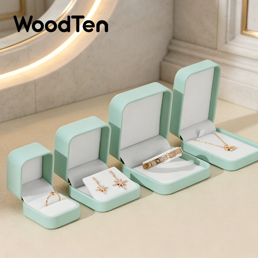 WoodTen Jewelry Storage Box Green PU Leather Organizer Ring Necklace Earrings Gift Box Wedding Travel Lady Jewelry Packaging Box