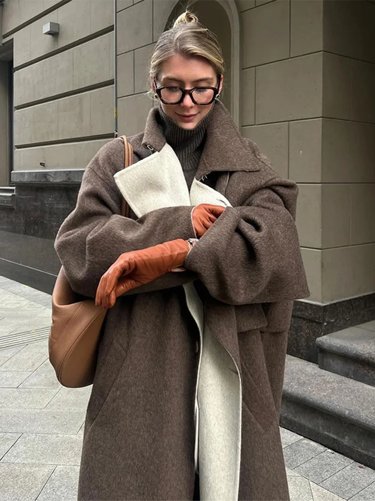 Fashion Solid Oversized Women Woolen Overcoat Elegant Lapel Long Sleeve Single Breasted Jackets Autumn Lady High Street Outwear