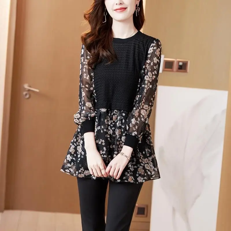 Spring Autumn New Patchwork Floral Elegant Blouse Long Sleeve Thin All-match Printing Shirt Tops Fashion Vintage Women Clothing