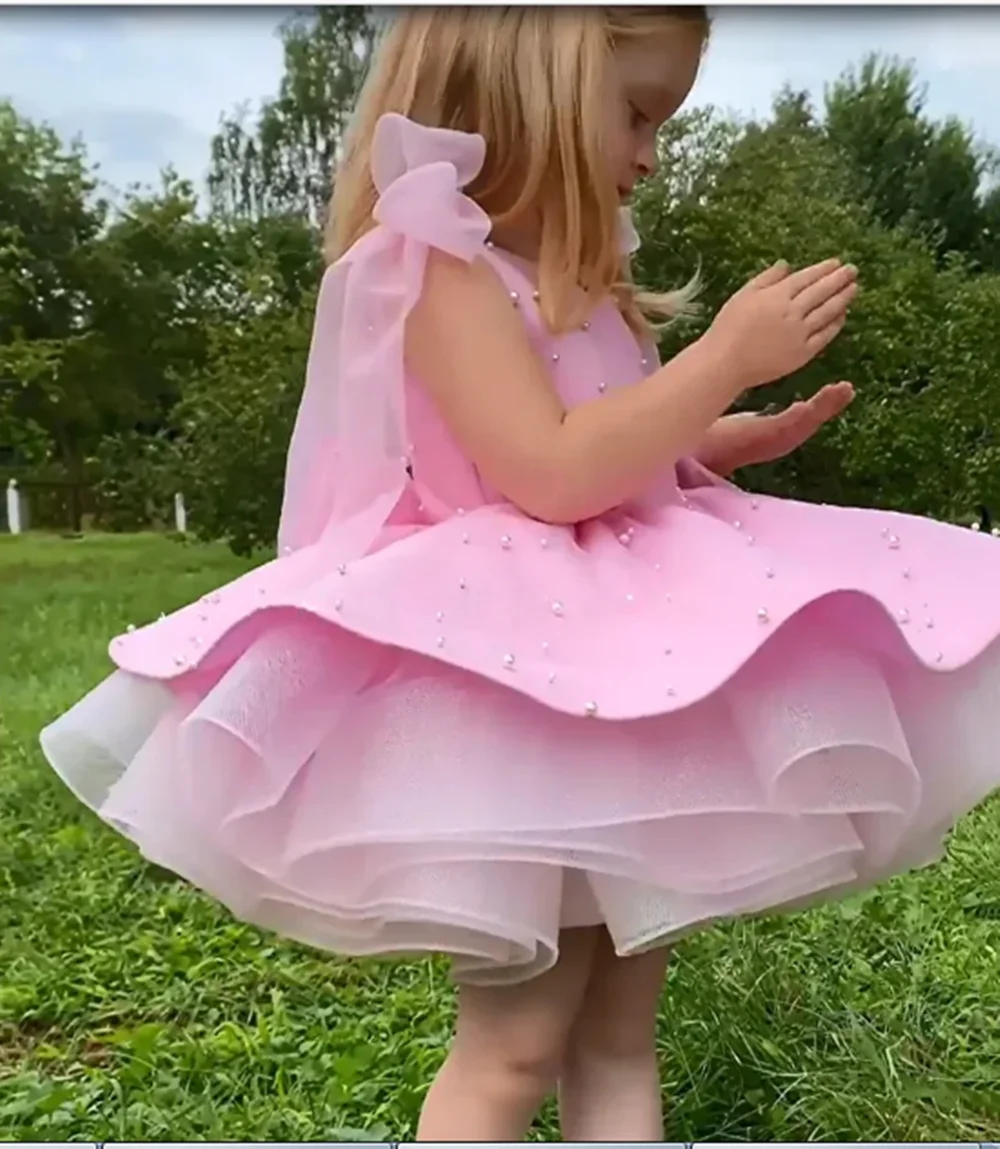 Customized Pink Flower Girl Dresses For Wedding Pearls Sleeveless Puffy Cute Baby Birthday Party First Communion Pageant Gown