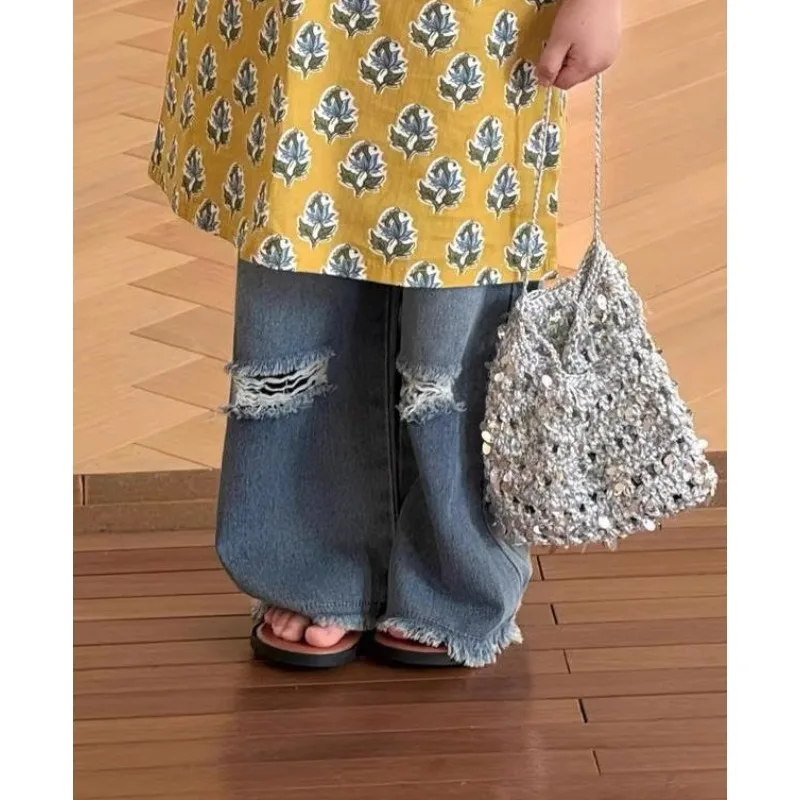 

Girls Pants 2026 Spring New Korean Version Ripped Wide Leg Jeans Casual Fashion Daily Stylish Versatile Wear