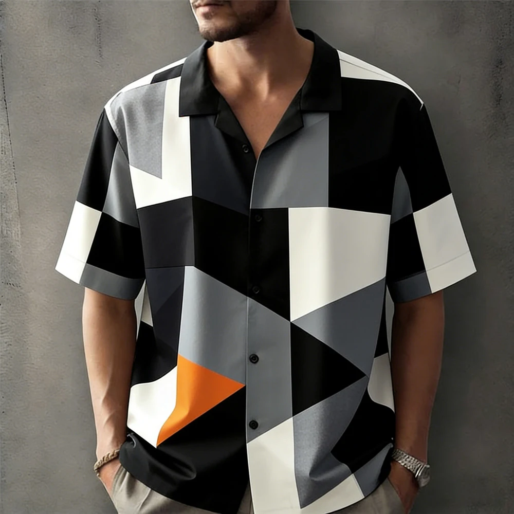 

2026 Men's Fashion Short Sleeve Lapel Shirt Geometric Portrait HD 3D Printed Shirt Hawaiian Vacation Social Party Men's Clothing