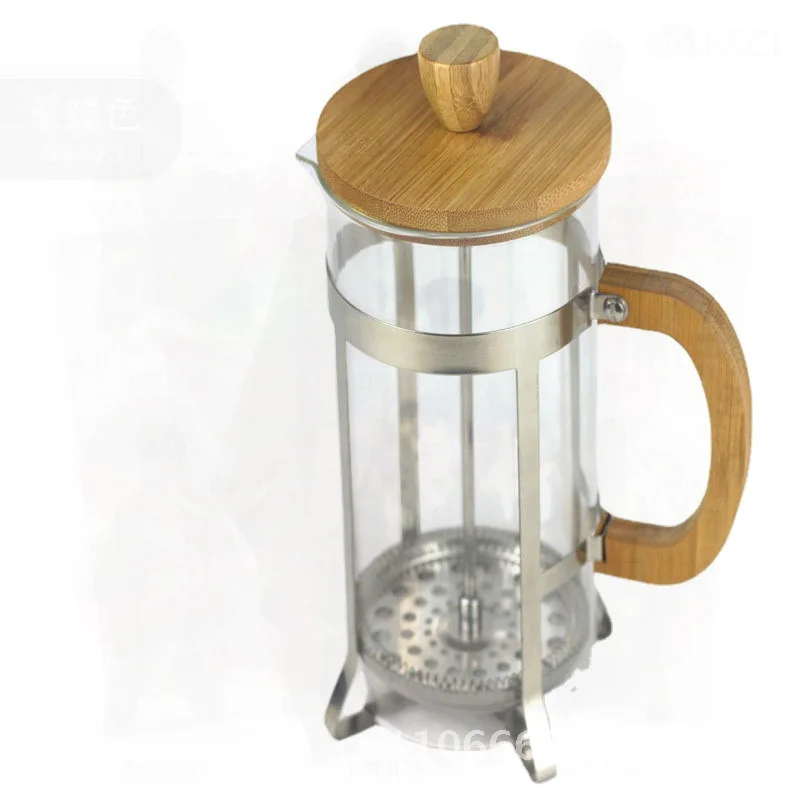 

Стеклянный пресс-горшок с бамбуковой и деревянной крышкой, термостойкий боросиликатный французский фильтр, кофейник, американская мерная чашка для посуды для