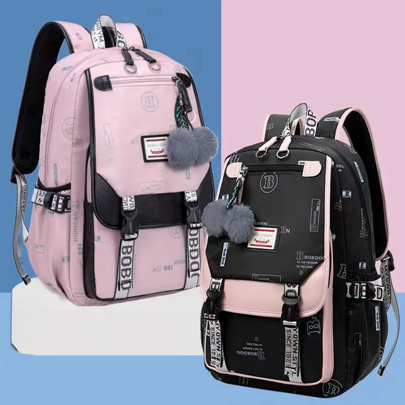 Fengdong large school bags for teenage girls USB port canvas schoolbag student book bag fashion black pink teen school backpack