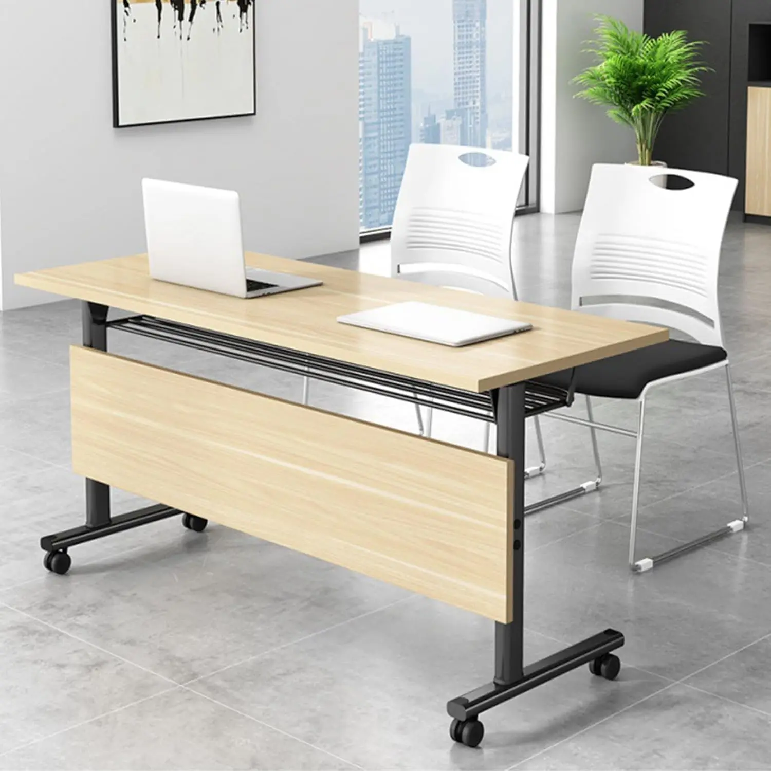 63In Conference Table,Modern Wood Color Office Folding Flip Top Mobile Training Table With Chair 61