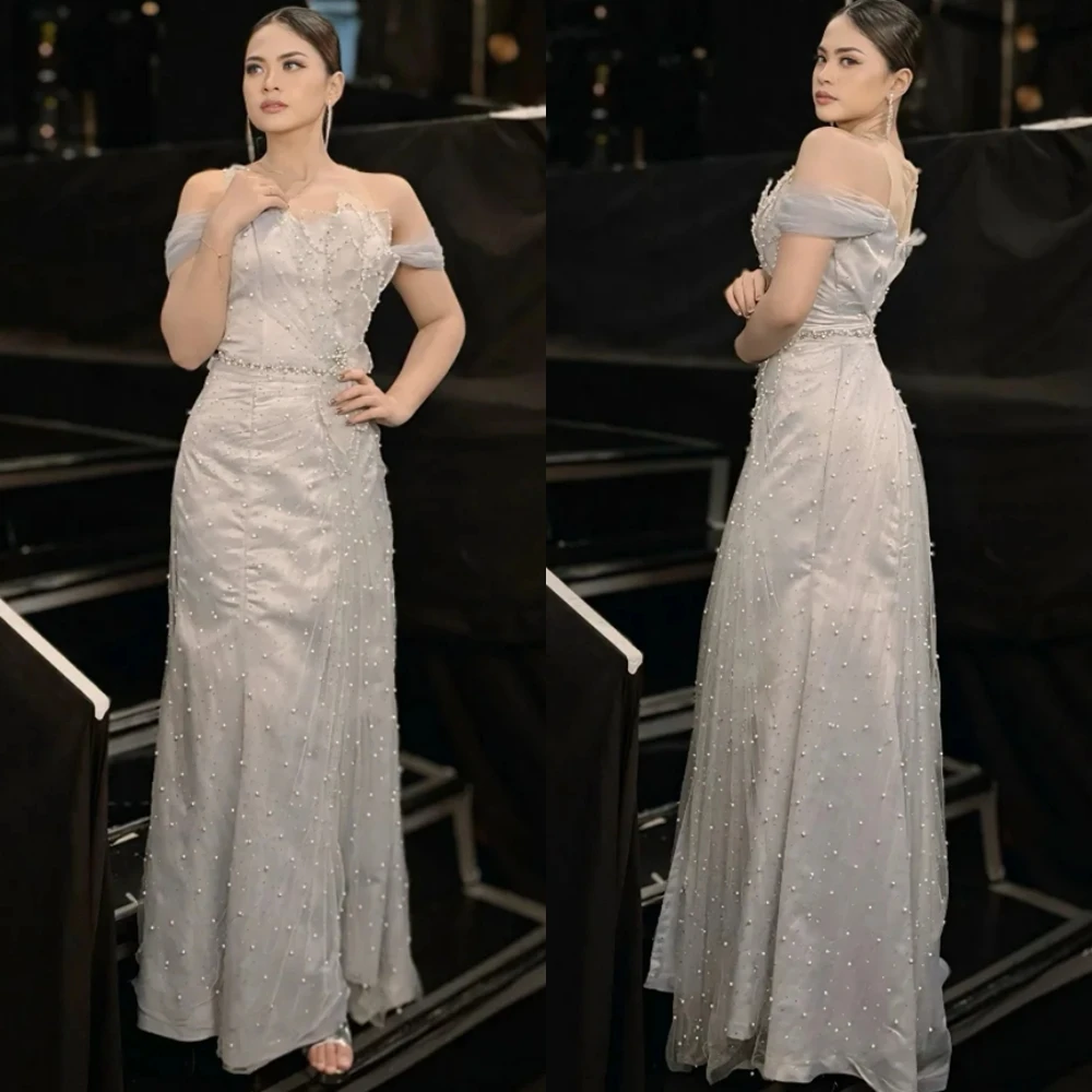 

Customized Graceful Boat Neck Evening Dress and Delicate Organza Special Occasion Gowns and Delicate Pearls Celebrity Gowns