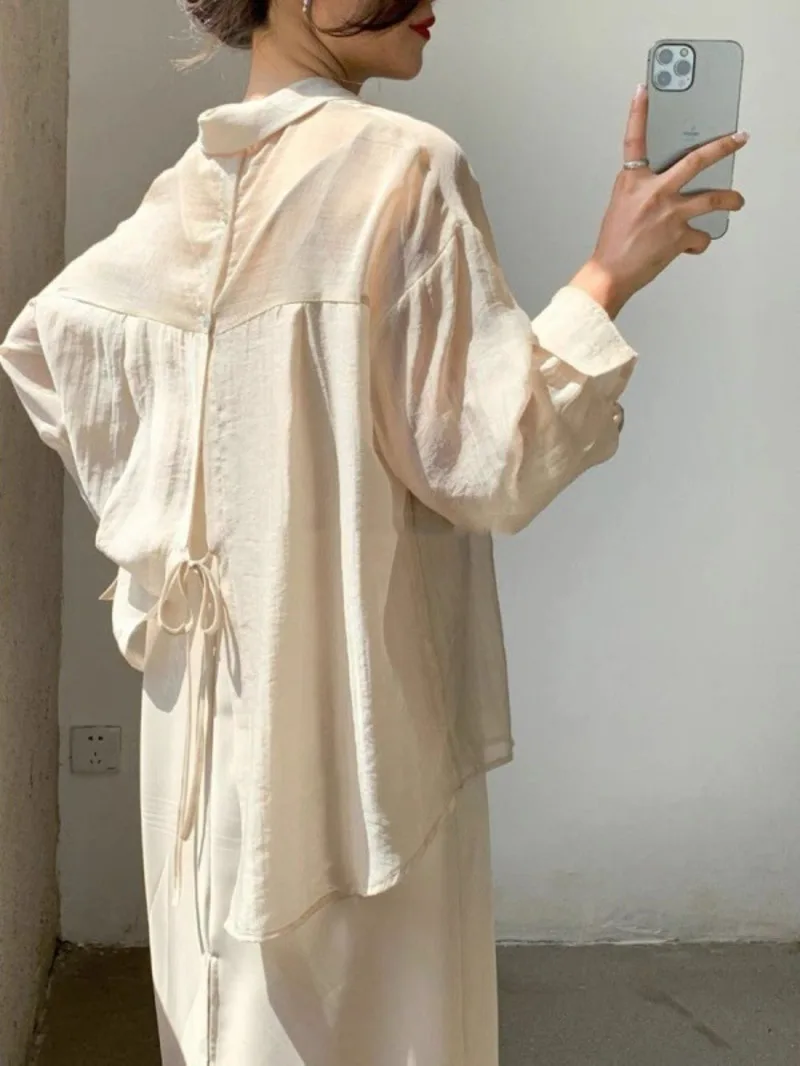 

Простой однотонный шифоновый Тонкий Топ с разрезом сзади для женской солнцезащитной рубашки, летняя новая Универсальная корейская модная рубашка, трендовая рубашка H0MF