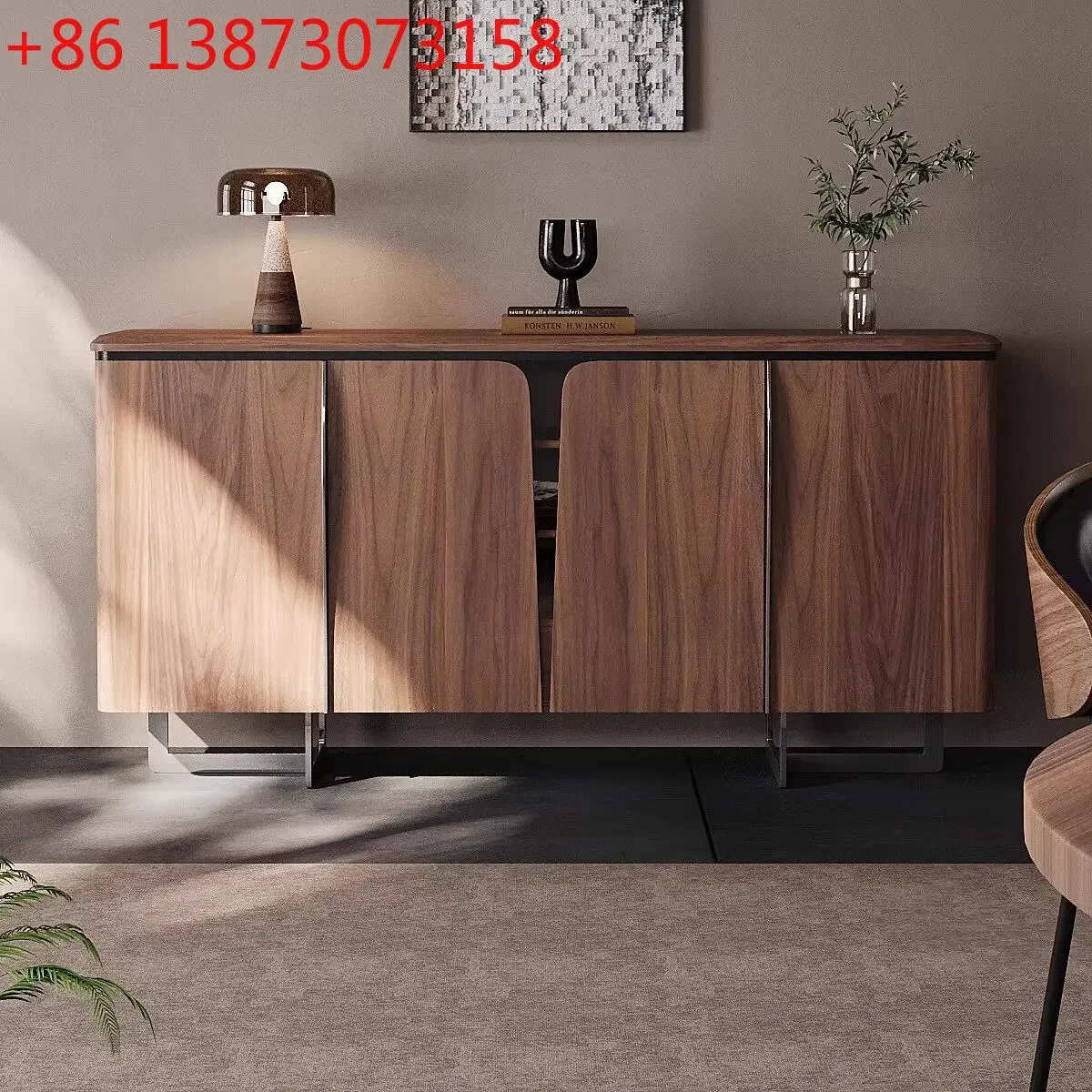 

Medieval style all solid wood dining side cabinet, entrance cabinet, walnut color partition cabinet, living room locker