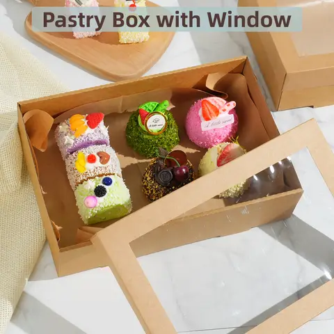2-6pcs Brown Kraft Paper Boxes with Window Outdoor Picnic Food Cardboard Box Donuts Muffins Cookies Macaroon Bakery Gift Box