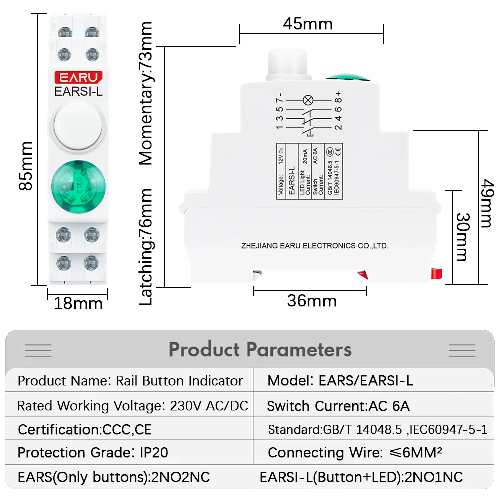 18MM Din Rail Mount LED Signal Lamp Button Switch Series AC/DC 220V Indicating Indication Pilot Lights Green Momentary Latching