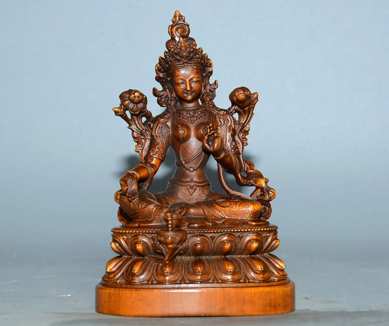 

5"Tibetan Temple Collection Old Boxwood Green Tara sitting Buddha Amitabha Buddha Lotus Terrace Worship Hall Town house