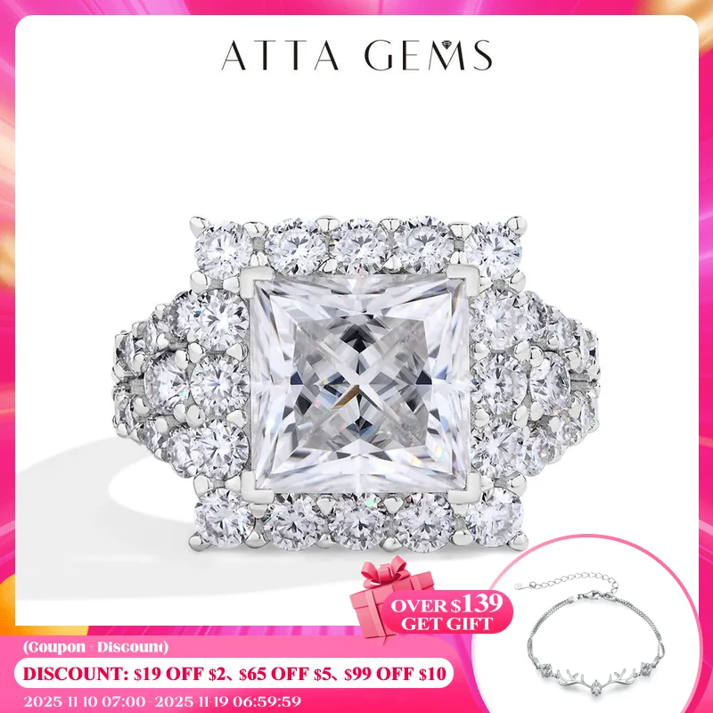 

ATTAGEMS S925 Silver Moissanite Engagement Ring for Women 6CT Princess Excellent Cut Luxury Wedding Jewelry With GTC Certificate