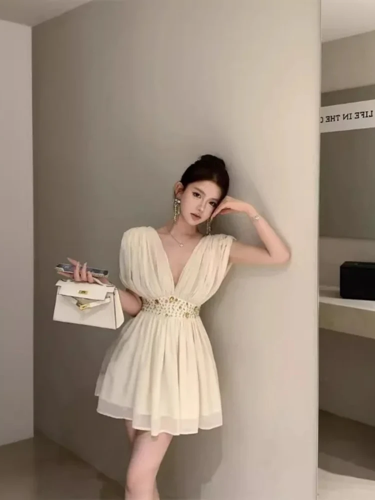 Party Sexy Dress Women Diamonds V Neck Sleeveless Waist Slim Fit Chiffon Mini Dresses Temperament Y2k Evening Vestidos