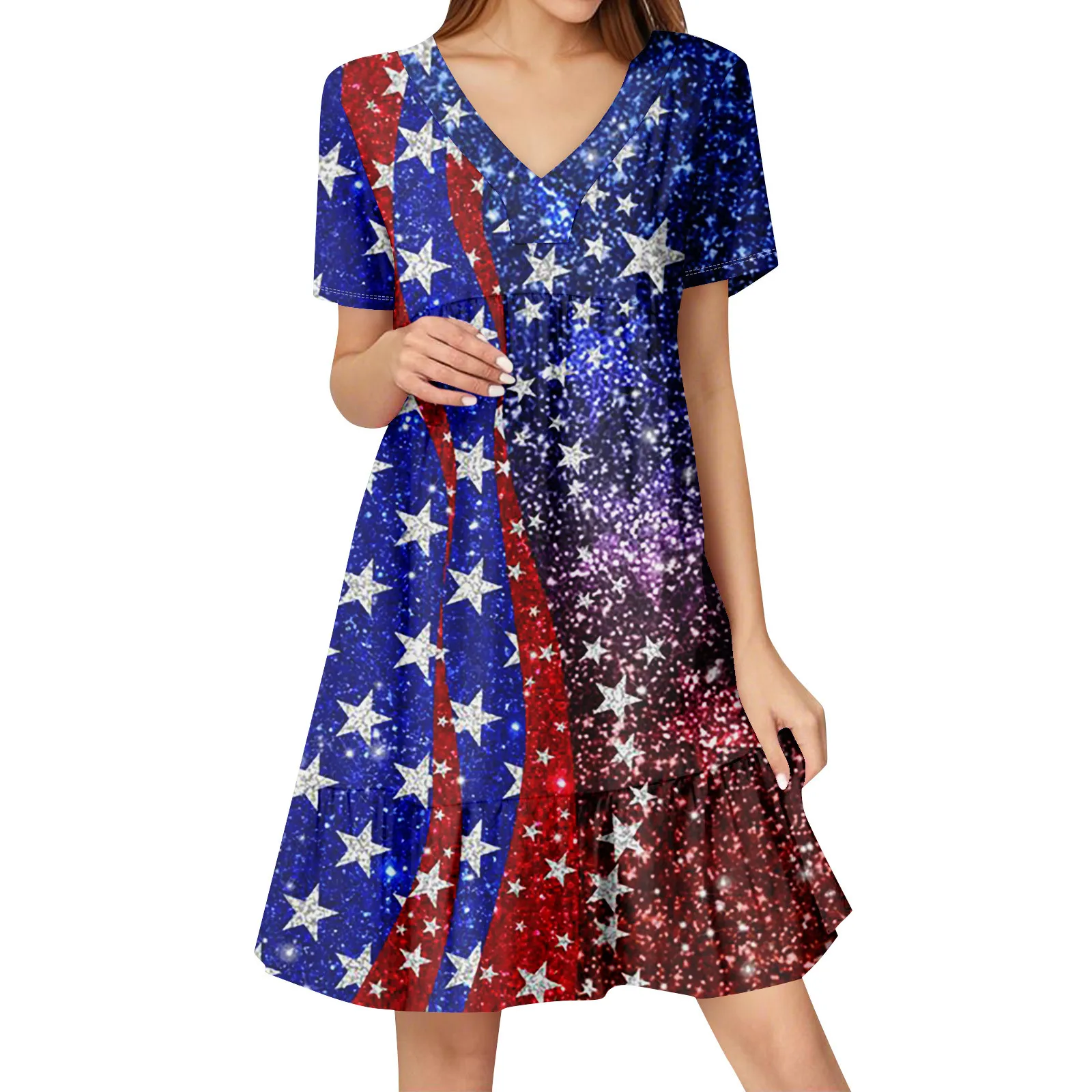 Womens Summer Dress Short Sleeve V Neck Short Dresses Fashion Casual Flowy Boho Ruffle A Line Swing Sundress Summer Dresses