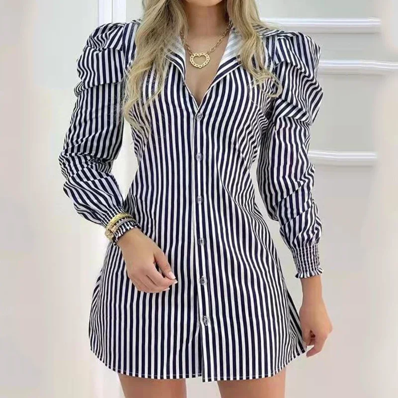 

Elegant Women Striped Button Shirt Dress Spring Long Sleeve V-neck Mini Dresses Casual Puffed Sleeve Work Dresses Robe Femme