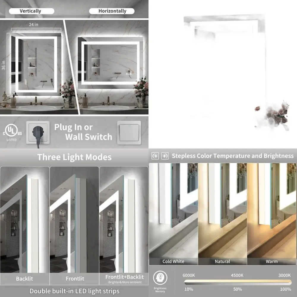 

Зеркало для ванной комнаты со светодиодной подсветкой 24x36 дюймов и передней подсветкой, 3 варианта цвета, небьющееся, противотуманное, яркость памяти