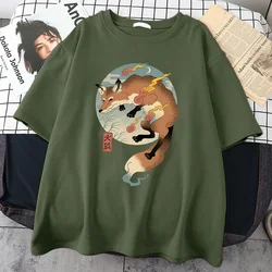 Fire Cartoon Fox Japanese Printed Men Short Sleeve Harajuku Casual Cotton Tee Clothing Oversize All-math Mans Cotton T-Shirts