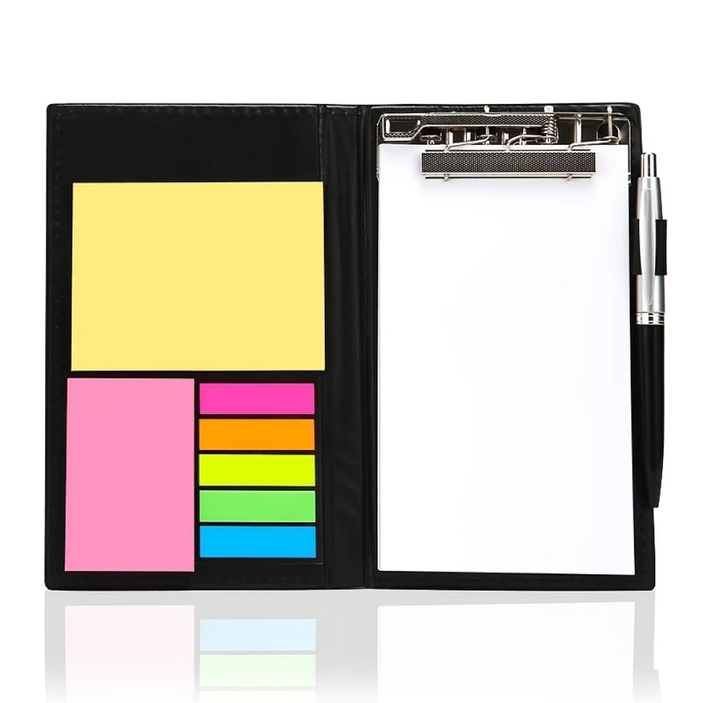 Sticky Memo Pad Notebook - Self-Stick Notes with Scratch Pad, Ballpen, and Faux Leather Look Design for Office and Teacher Gifts