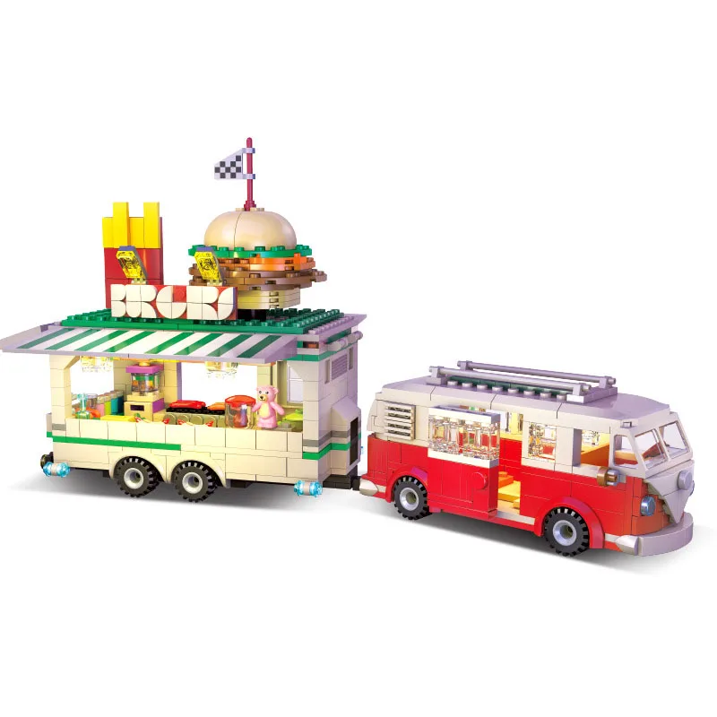 

City Street Mobile Joint Burger Truck Block with Light DIY Building Brick Christmas Toy For Kids