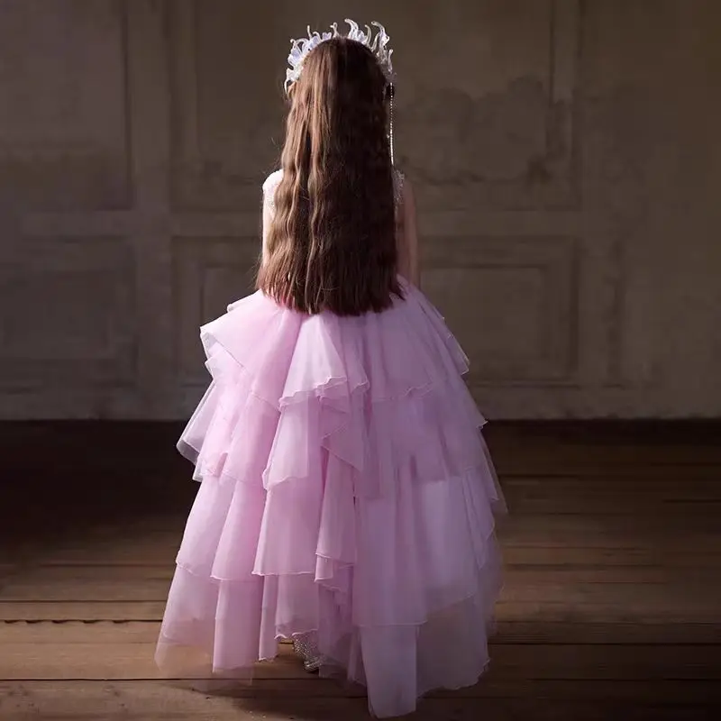 Jill Wish Elegant Pink Flower Girl Dress Handmade Flowers V-Neck Princess Kids Wedding Birthday Party Long Pageant Gown J232