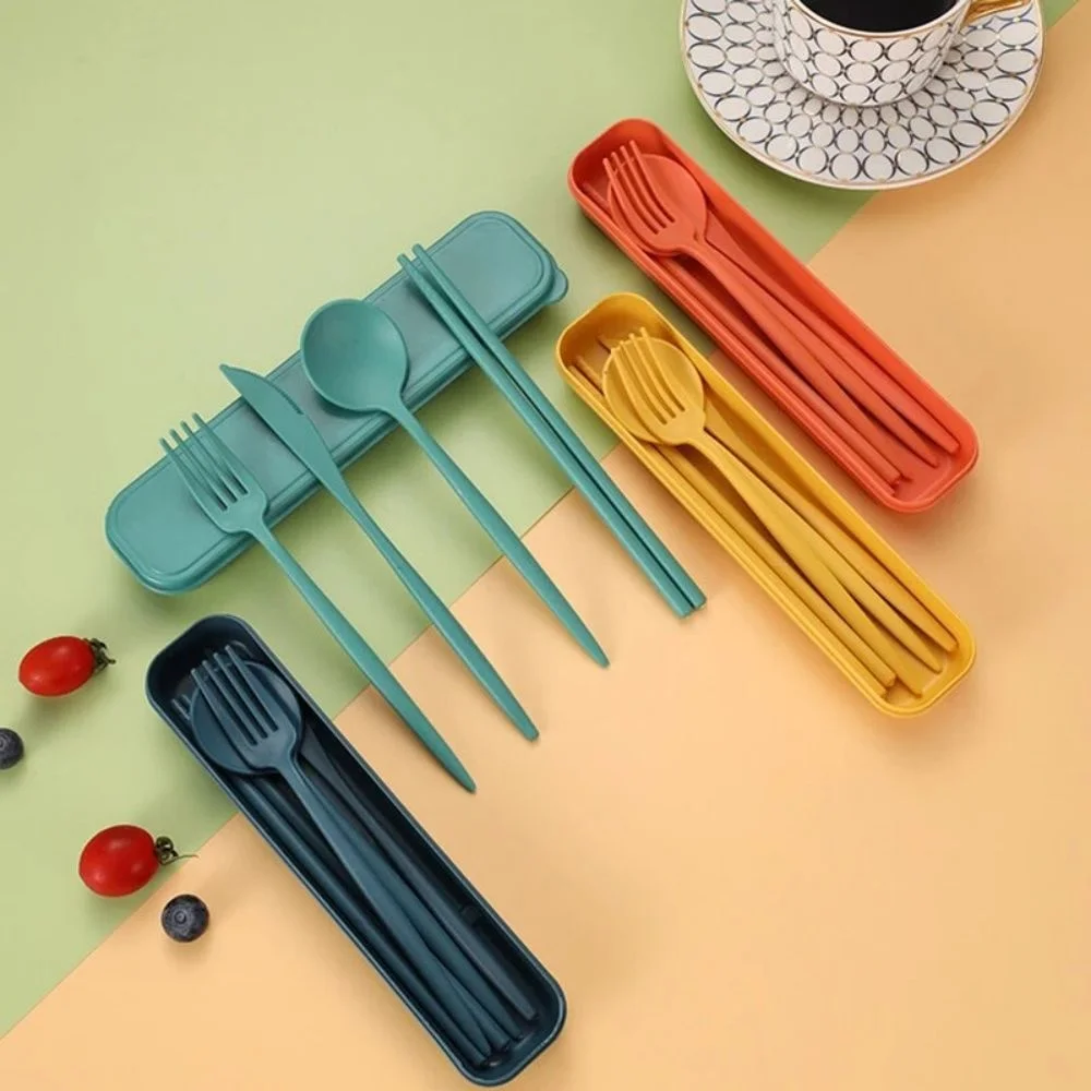 

4pcs Portable Utensils Home Healthy Eco-Friendly Wheat Straw Cutlery Reusable Chopstick Fork Knife Spoon Set Kitchen Gadgets