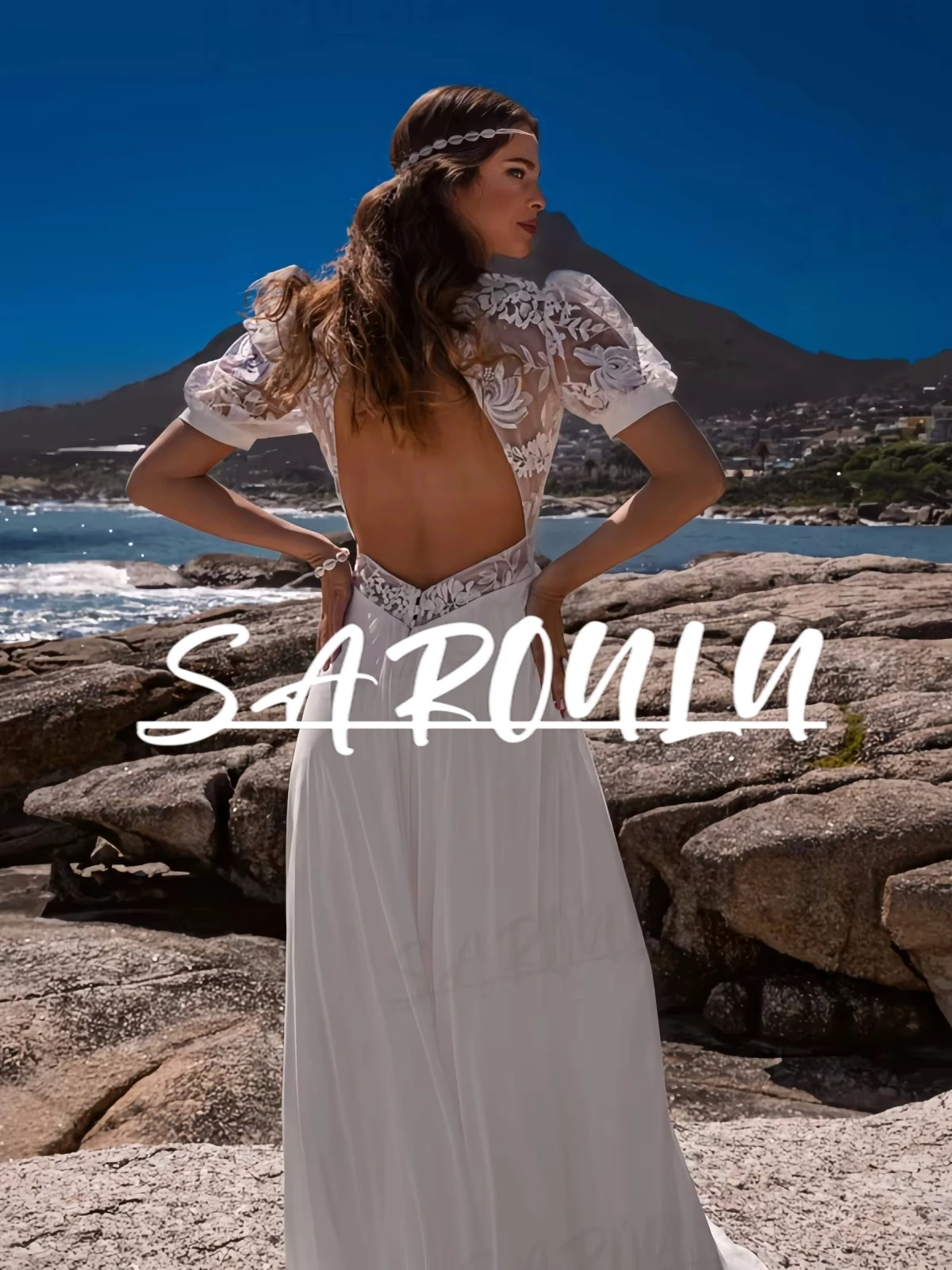 

Simple Lace Boho Wedding Dress for Women Chiffon Beach Bride Dresses V Neck Short Puff Sleeves Customized Bohemian Bridal Gown