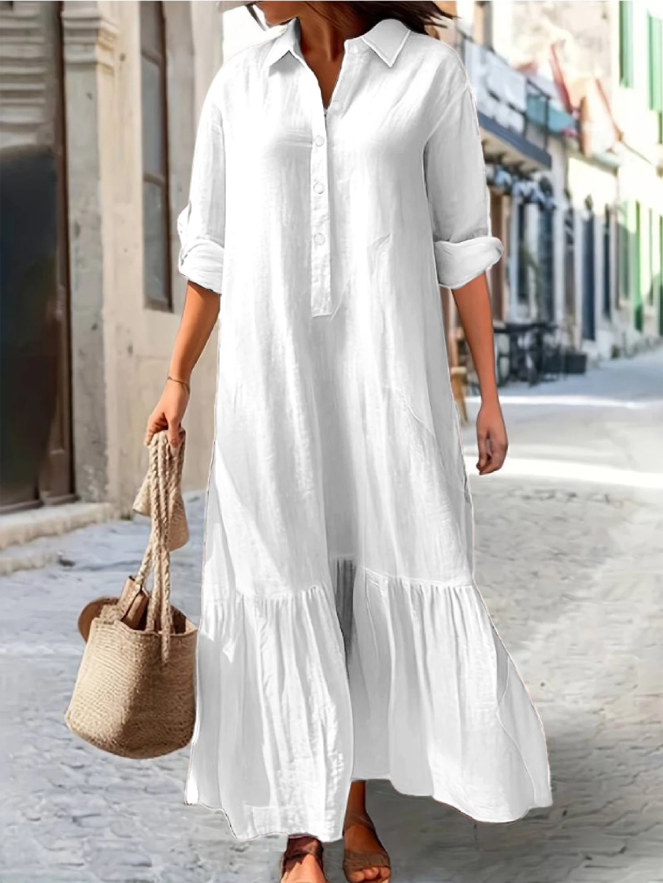 Abito maxi casual da donna con dettaglio bottoni, colletto della camicia a maniche lunghe, vestibilità ampia, tinta unita, abbigliamento autunno inverno