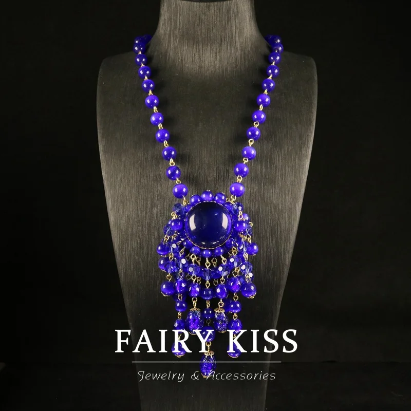 Fashionable Exquisite Blue Opal Colored Glaze Inlaid Heavy Industry Tassel Necklace High Sense Small and Versatile Colored Glaze